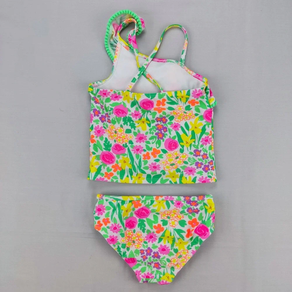 Cat & Jack Tankini Girls 4T Multicolor Floral Ruffle Pom Pom Two Piece Swimsuit